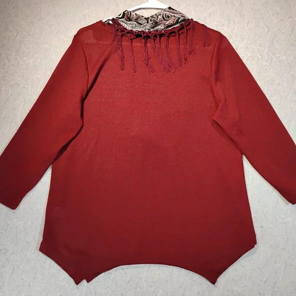 Women's  Burgundy Long Sleeve Blouse w/Detachable Fringed Scarf CK MEASUREMENTS - Picture 6 of 10